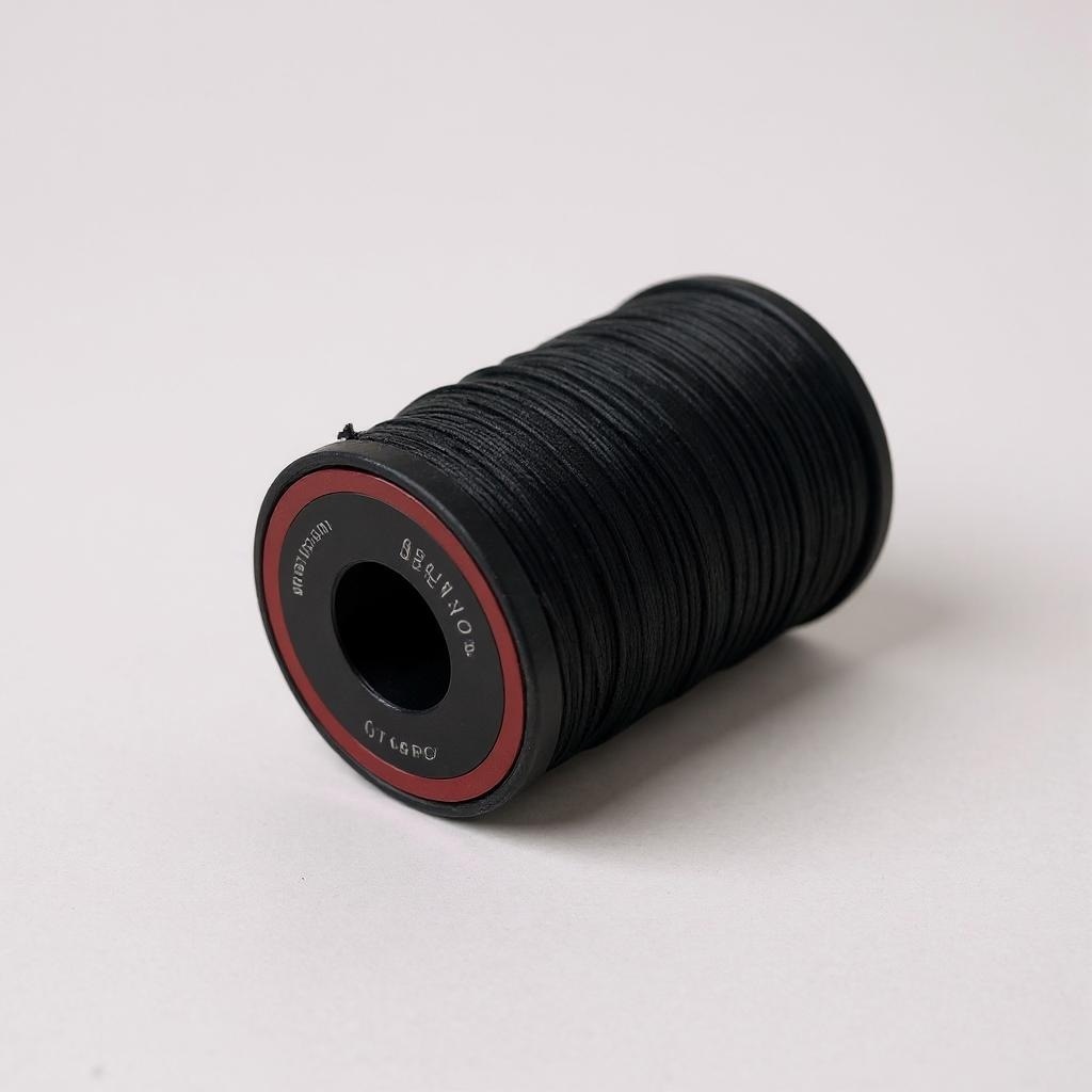 Spool of black thread for hand stitching leather with red interior on a white background
