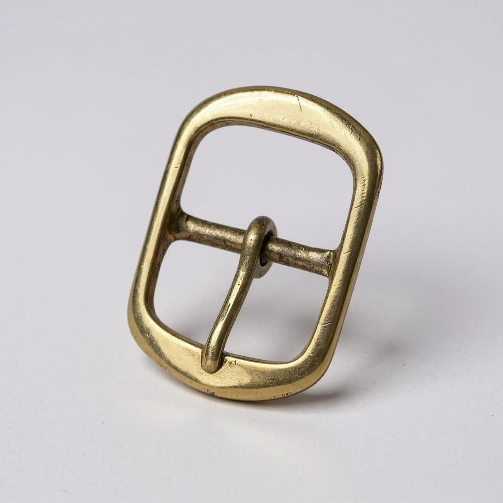 Gold coloured brass buckle on a grey background.