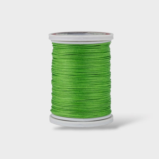 Spool of green thread on a white background