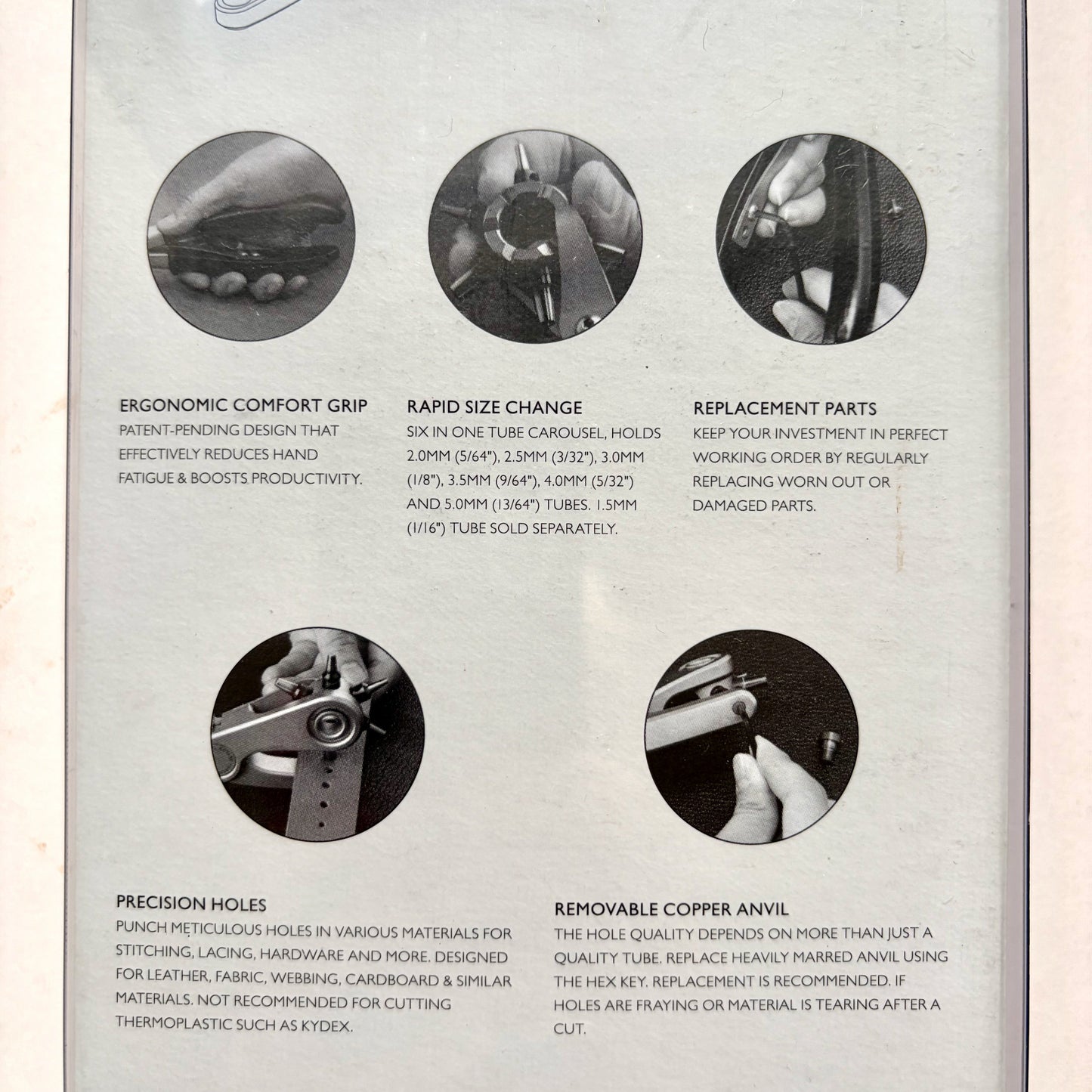 A printed informational page for a craftplus rotary punch tool, showing six circular product photos with descriptive text about ergonomic comfort grip, rapid size change, replacement parts, precision holes, and removable copper anvil on a light gray background.