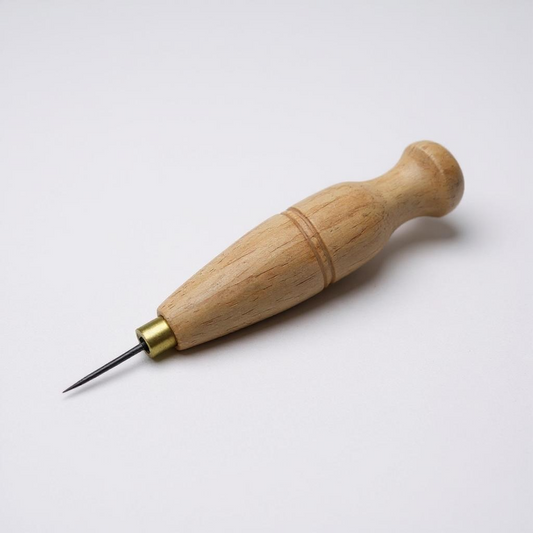 Wooden-handled diamond stitching leather awl on a white background