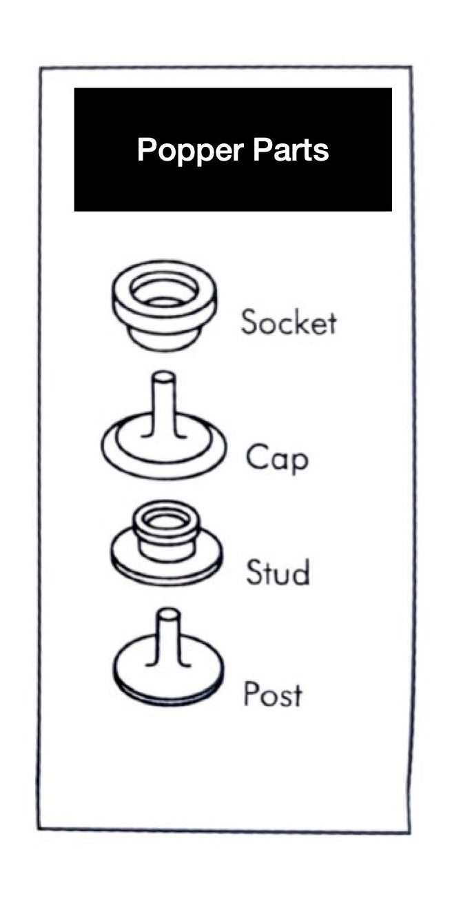 Illustrations of glove snap parts, press stud parts, and popper parts on a white background.