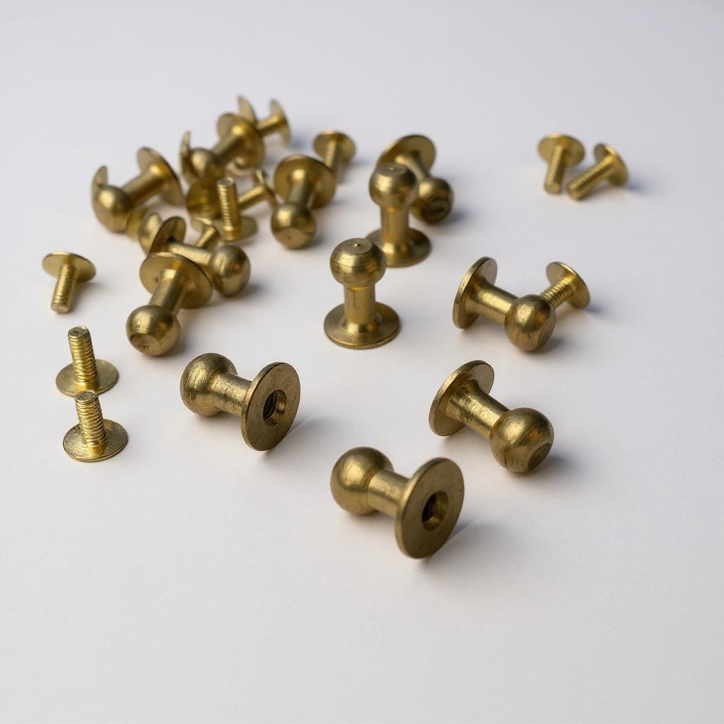 Collection of brass Sam Browne leather studs on a white background