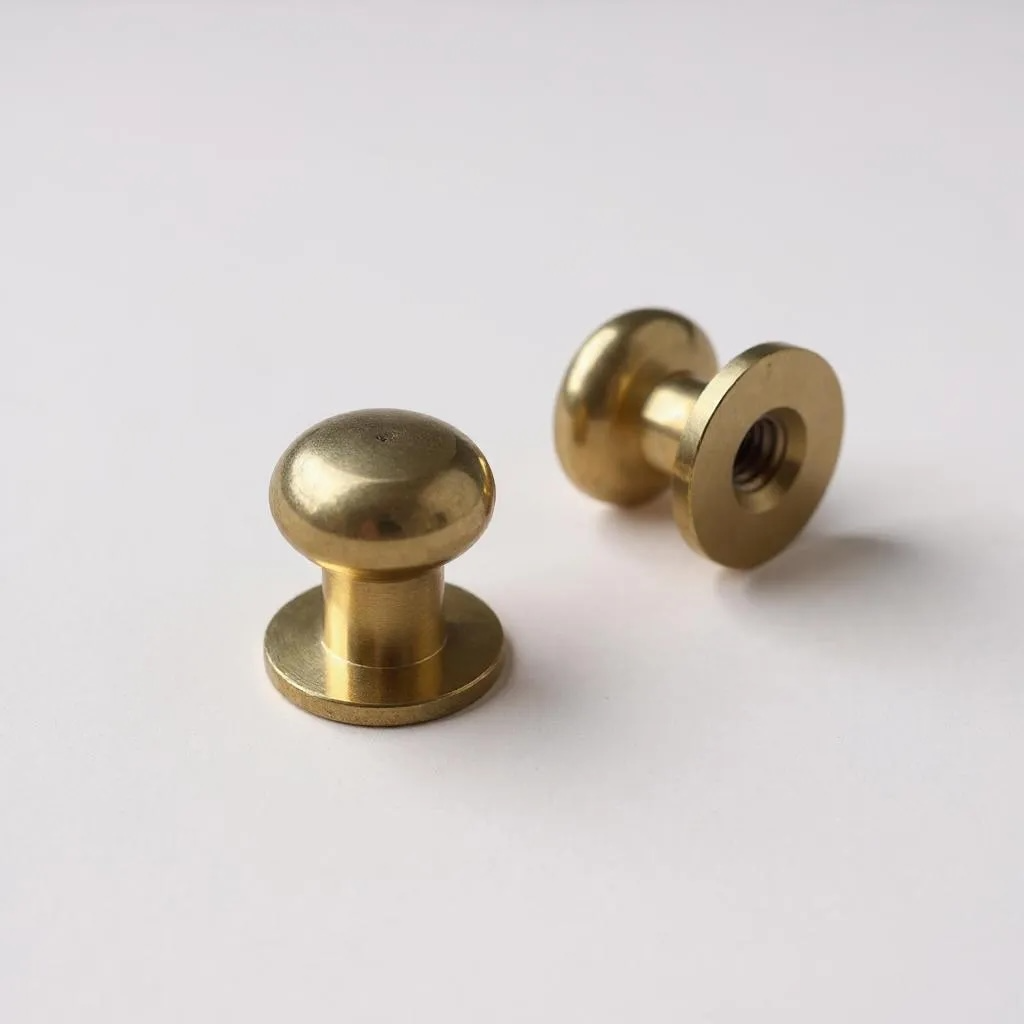 Two brass Sam Browne leather studs on a white background