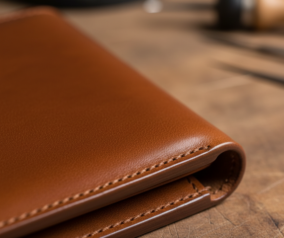 Tan coloured leather wallet with beautiful hand stitching on a wooden background