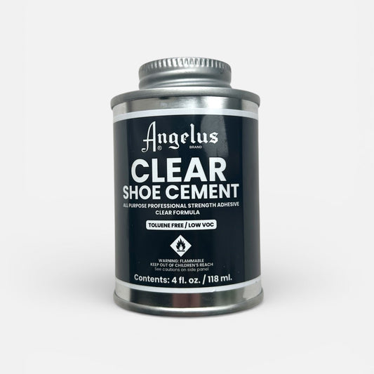 Can of Angelus Clear Shoe Cement on a white background