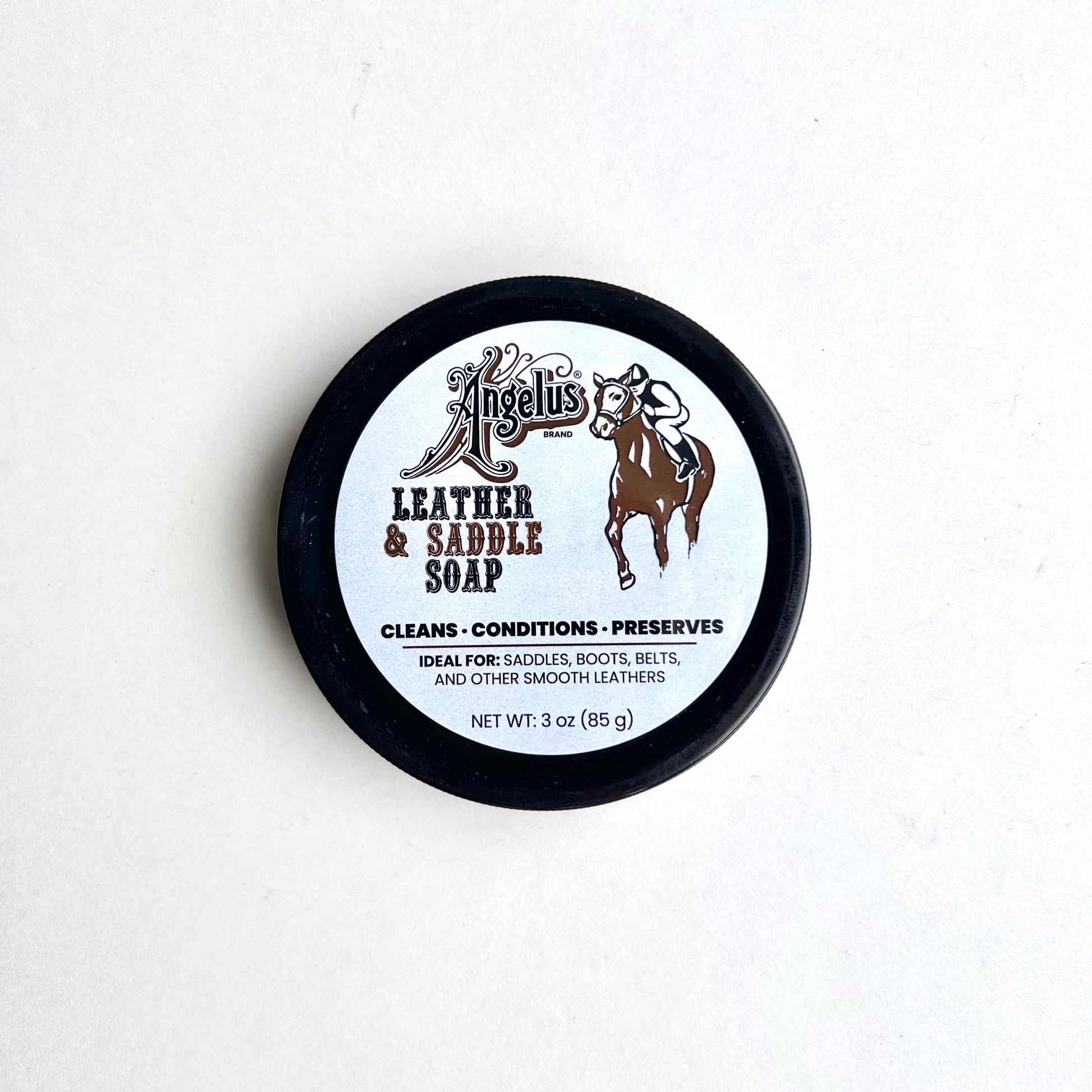 Angelus Leather & Saddle Soap container on a light gray background