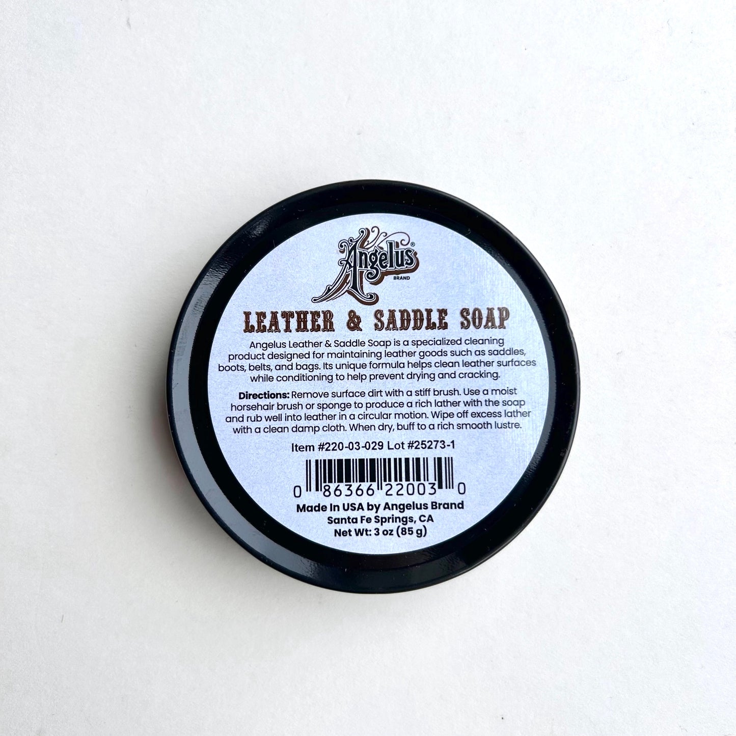 Angellus Leather & Saddle Soap container with label on a white background