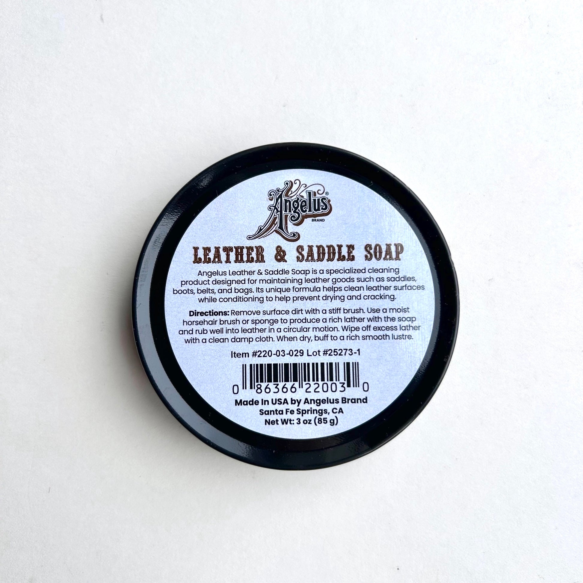 Angellus Leather & Saddle Soap container with label on a white background