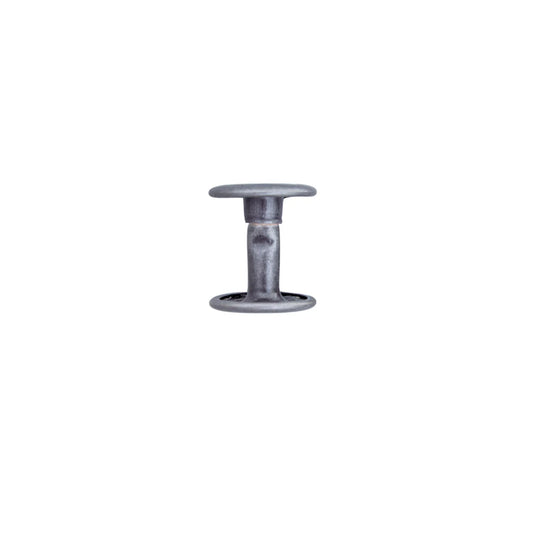 A double-cap leather rivet in matte nickel colour on a white background