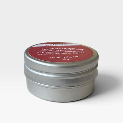 A silver metal round tin of bolpol Jewellers Rouge polishing balm, featuring a red circular label, set against a light gray background.