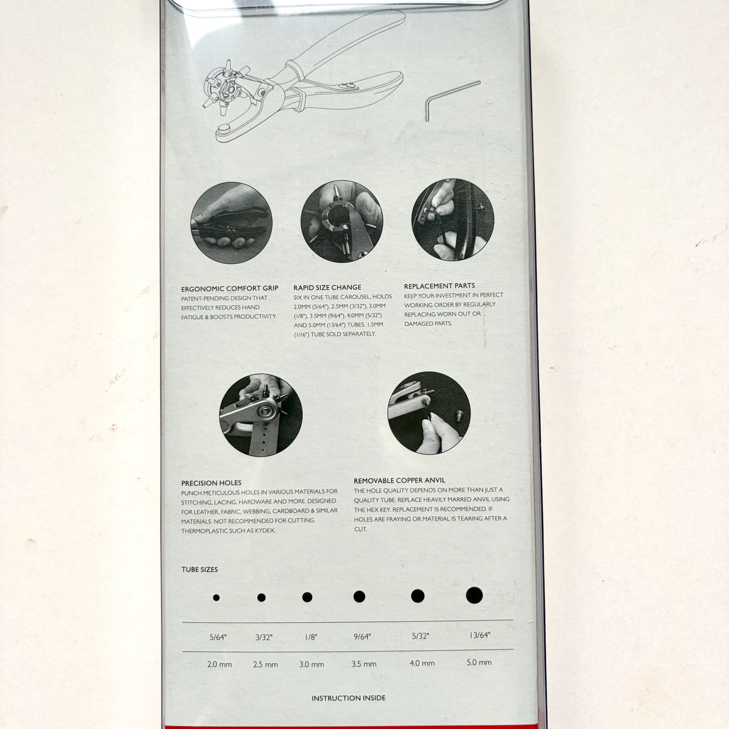 A printed instruction sheet showing how to use a craftplus rotary punch tool, with labeled steps, circular close-up photos, tube size chart, and a small instruction diagram on a white background.