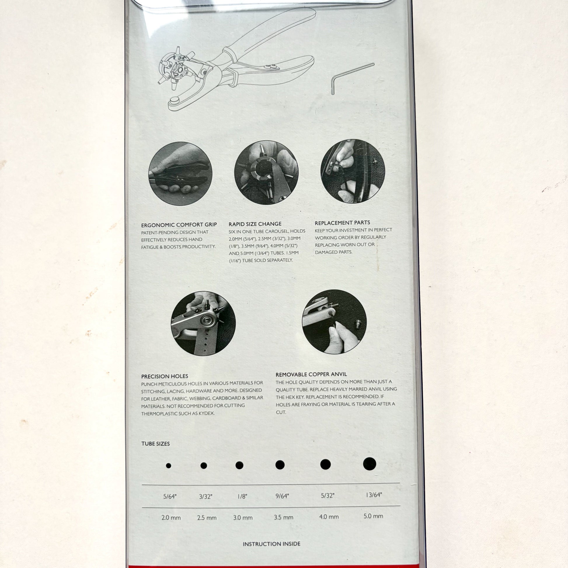A printed instruction sheet showing how to use a craftplus rotary punch tool, with labeled steps, circular close-up photos, tube size chart, and a small instruction diagram on a white background.
