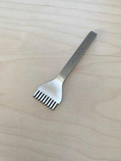 Stainless steel Leather Stitching Punch with 9 prongs for clean hand-stitching holes in leather.