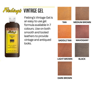 Fiebing's Vintage Gel product with color swatches for tan, medium brown, saddle tan, mahogany, light brown, black, and dark brown.