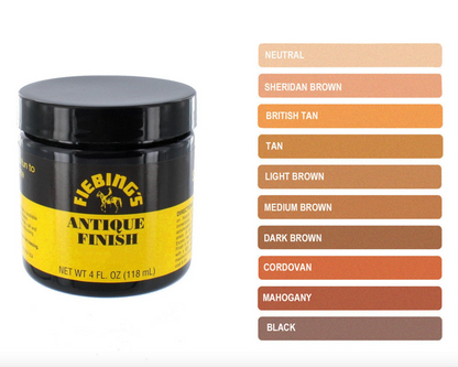 Fiebing's Antique Finish jar with color swatches on a white background