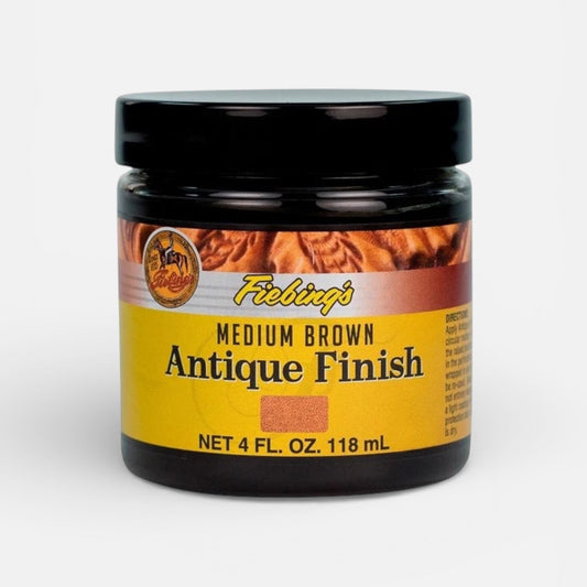 Jar of Fiebing's Medium Brown Antique Finish on a white background