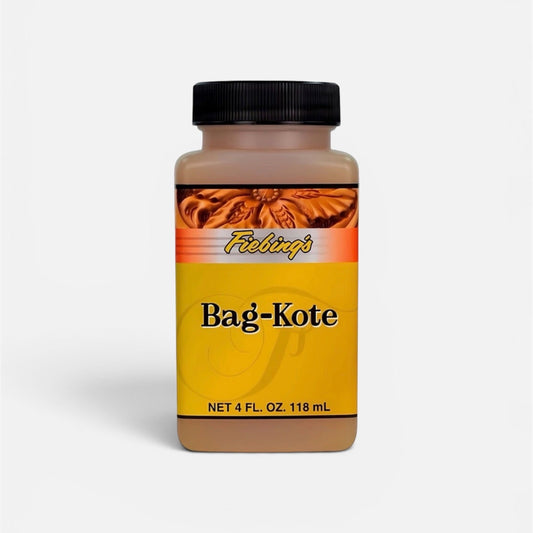 A bottle of Fiebing's Bag-Kote, a brown liquid product with a yellow label and black cap, centered on a light gray background.