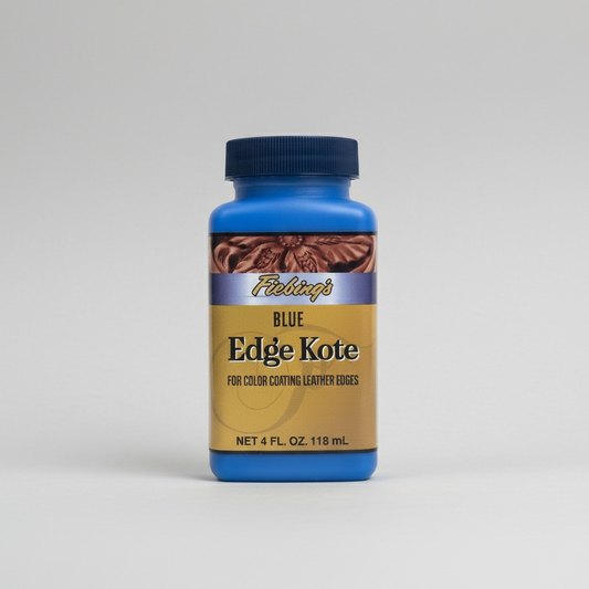 Bottle of Fiebing's Blue Edge Kote on a gray background