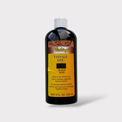 Bottle of Fiebing's Vintage Gel Black Noir on a light gray background