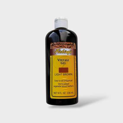 Bottle of Fiebing's Vintage Gel with a yellow label on a white background