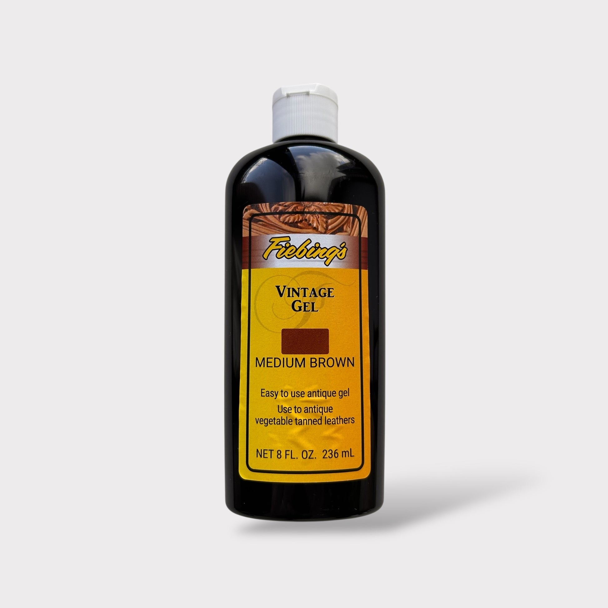 Bottle of Fiebing's Vintage Gel Medium Brown on a white background