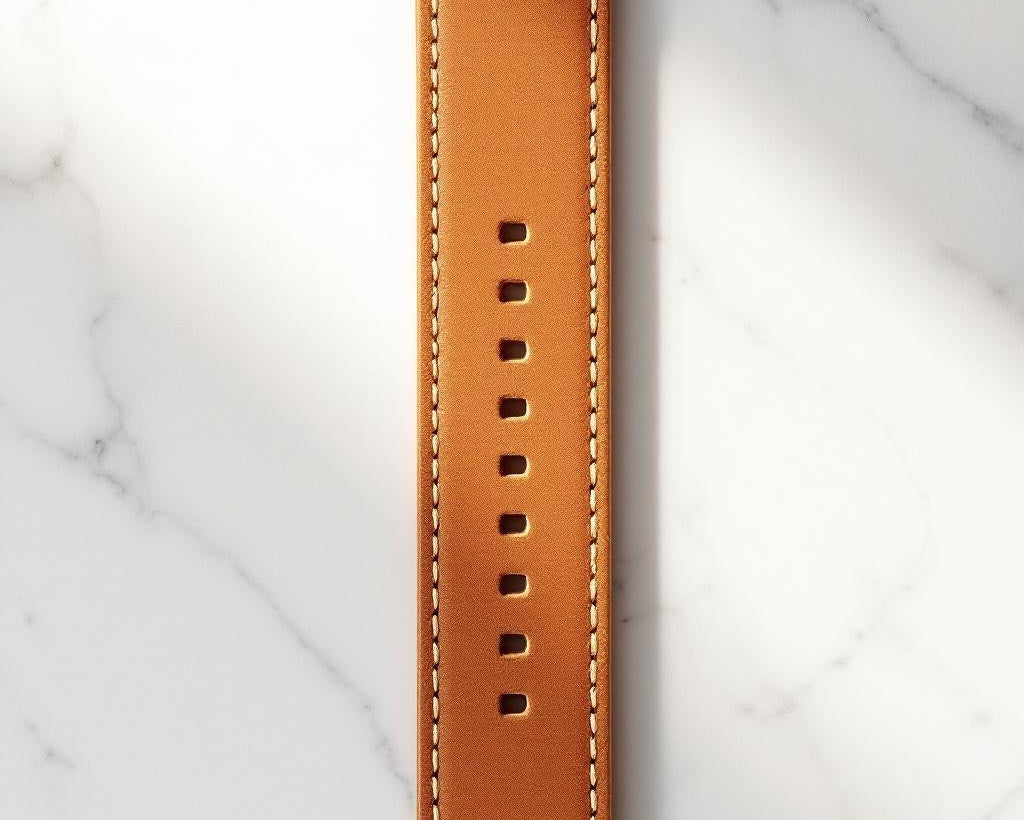Brown leather strap with Meisi super fine thread stitching on a marble background