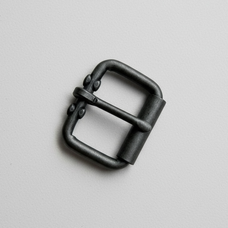 Black metal buckle on a light gray background