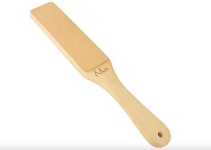 Beige flat paddle sharpening strop on a white background