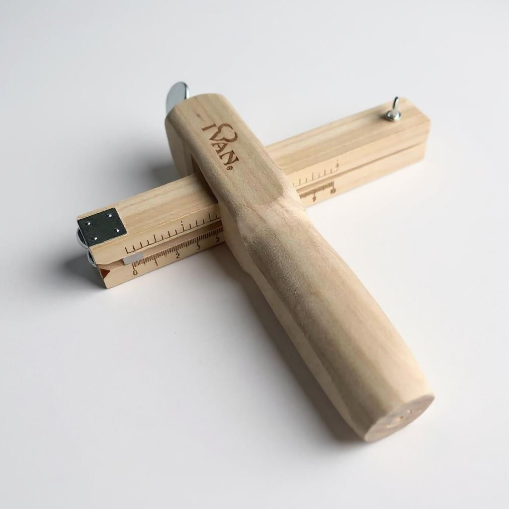 Wooden leather strap cutter tool with an Ivan brand logo on a white background