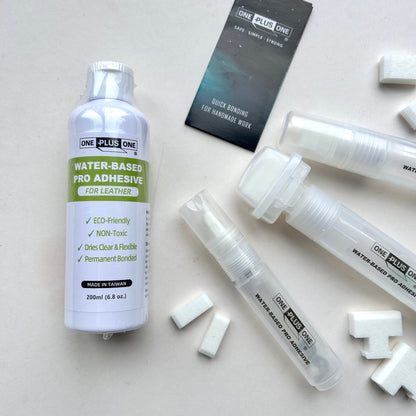 Water-based pro adhesive for leather with packaging on a light gray background