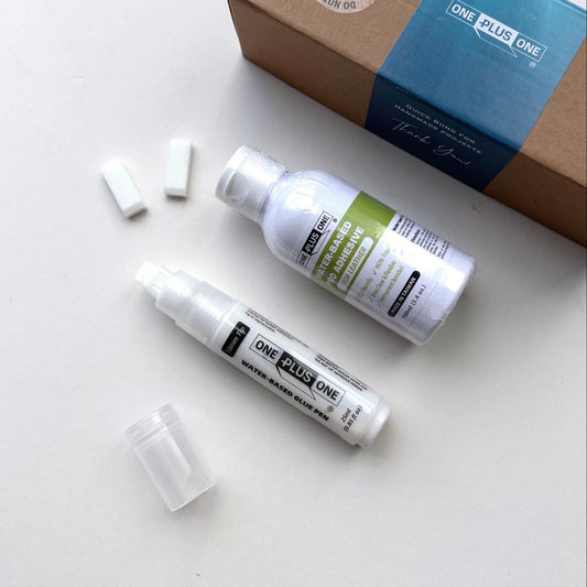 One Plus One leather glue pen and refill set on white background