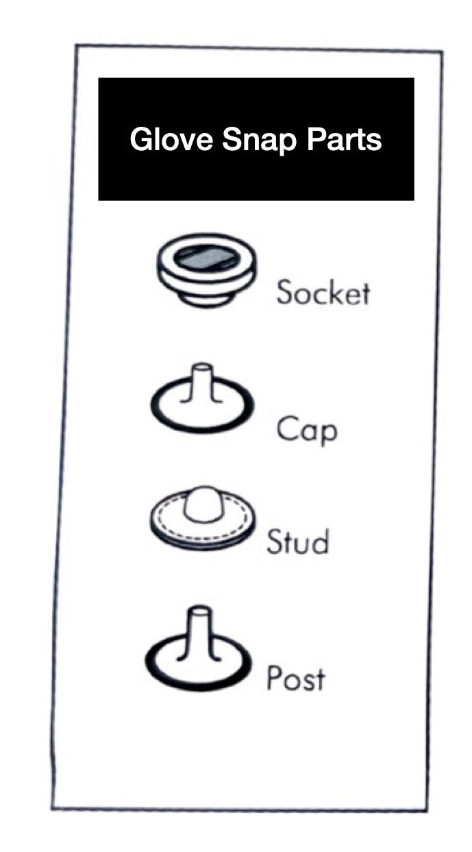 Illustrations of glove snap parts, press stud parts, and popper parts on a white background.