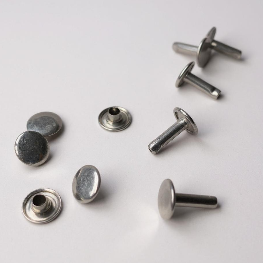 Silver Double Capped leather rivets on a grey background
