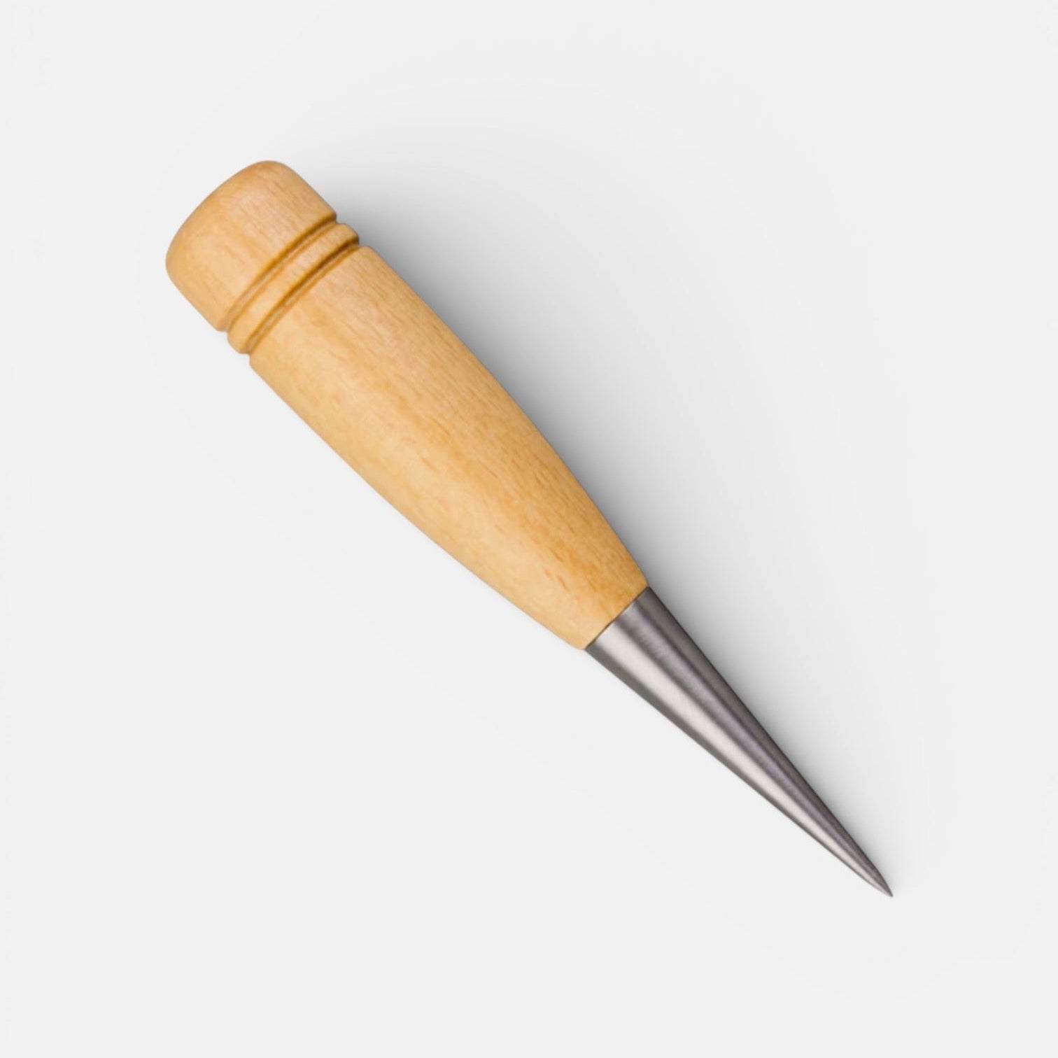 Wooden-handled leather burnishing awl with metal blade on a white background
