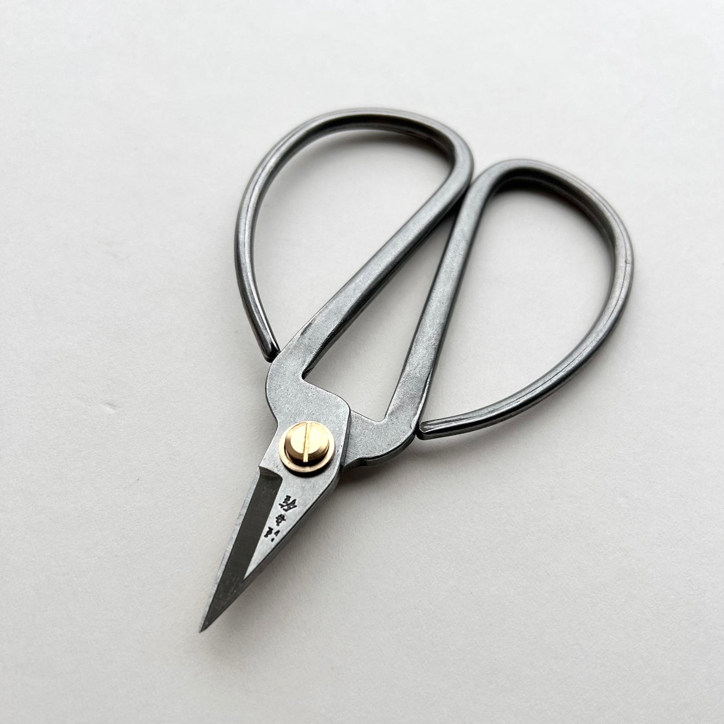 Pair of silver scissors with a gold screw on a light gray background