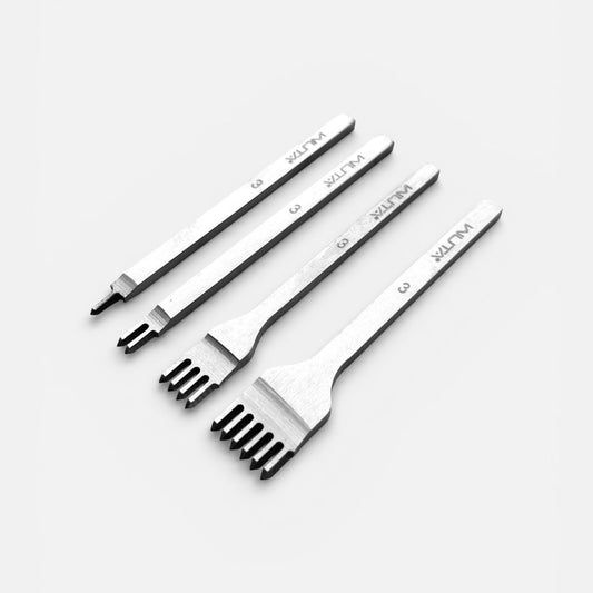 Set of metal tools with engraved text on a white background